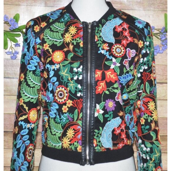 Dolce Cabo FRIDA Floral Embroidered Bomber Jacket Size S Full Zip Boho Colorful - Picture 4 of 12